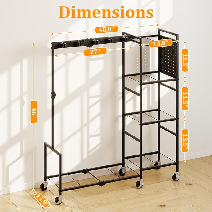 AGESISI 46" H Broom Holder with Cleaning Supplies Organizer, Mop Rack Storage with 4-Tier Shelves, 10 Gripper Clips, 4 Double-Hooks, 3 Hooks, Metal Utility Carts on Wheels for Home Essentials, Black