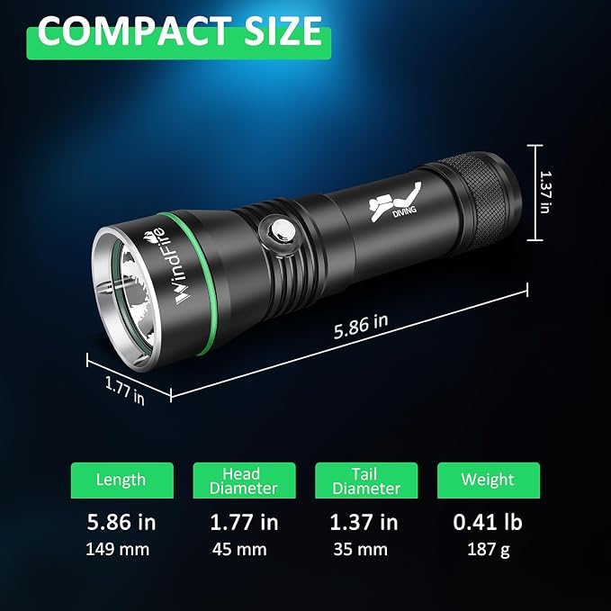 WINDFIRE Rechargeable Scuba Diving Flashlight, Super Bright LED Dive Light, IPX8 Waterproof 60M Underwater Flashlight with 3 Modes for Snorkeling & Cave Diving