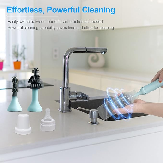 Electric Bottle Brush Cleaner Kit with Rechargeable Baby Bottle Brush Cleaner, Pacifiers Cleaner,Gap Cleaner, Long Straw Brush, Waterproof,Baby Newborn Essentials,Gift for Mothers,Blue