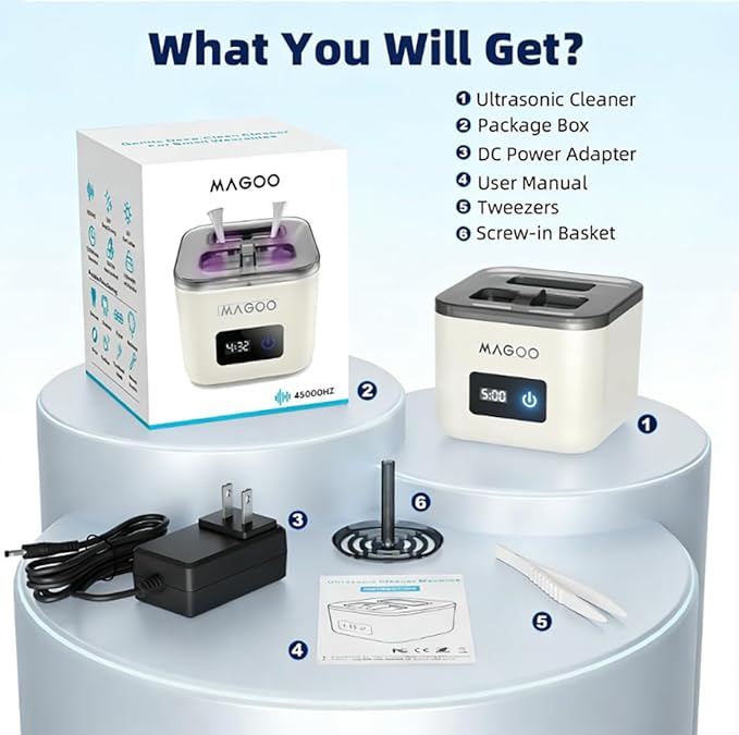 Ultrasonic Retainer Cleaner Machine, Denture Cleaner for Aligners Night Guards Braces Mouth Guards Toothbrush Heads，All-in-One Dental & Jewelry Cleaner, 45kHz 200ML, Dual Modes