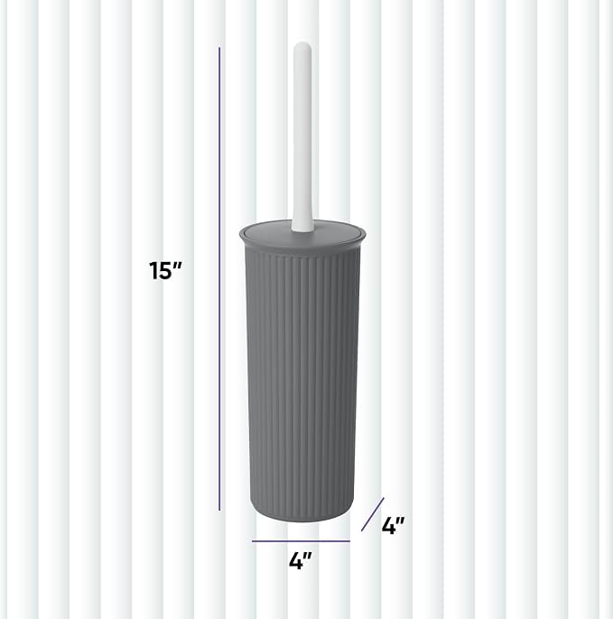 Superio Ribbed Collection - Decorative Plastic Toilet Bowl Brush and Holder Set, Grey (1 Pack) Cleaner Scrubber for Bathroom