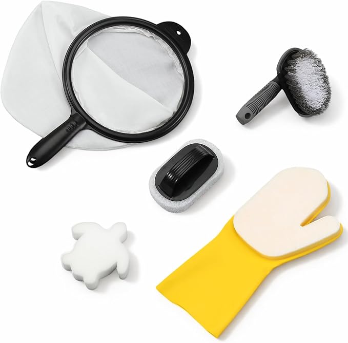 Novabright 5-in-1 Hot Tub and Spa Maintenance Cleaning Accessory Kit with Curved Brush, Mesh Net Skimmer, Scrubber, Gloves, and Sponge for Inflatable Home Hot Tubs Pools Ponds