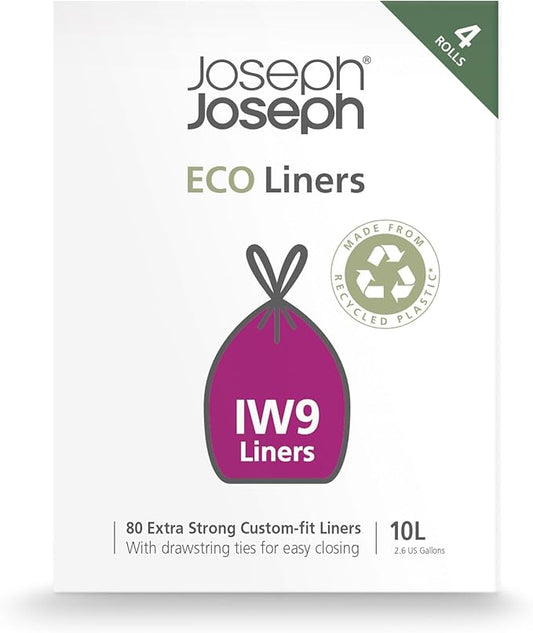 Joseph Joseph Eco IW9 Recycled Bin Liners, Kitchen/Bathroom Trash Bags, Tie Tape Drawstring, Extra Strong, 80-Pack, 10L/2.6 Gallon, Grey