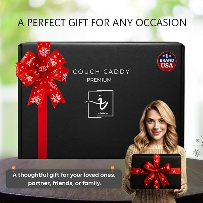 Couch Caddy with Cup Holder | Wood Couch Cup Holder Tray for Drinks, Snacks & Remotes | Couch Tray for Bed, Car Seat & Beach Organizer (White)