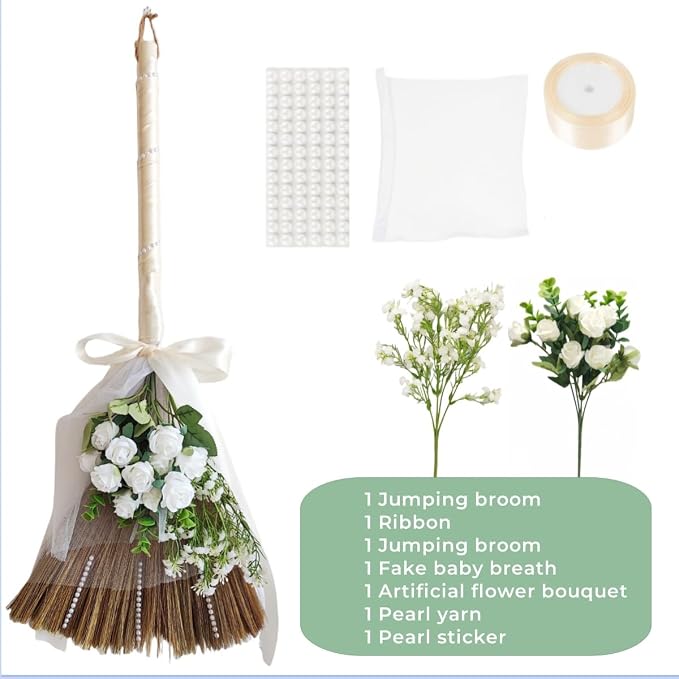 Wedding Broom for Jumping Ceremony, African American Decorative Broomstick DIY Wedding Decor, with White Roses & Babys Breath