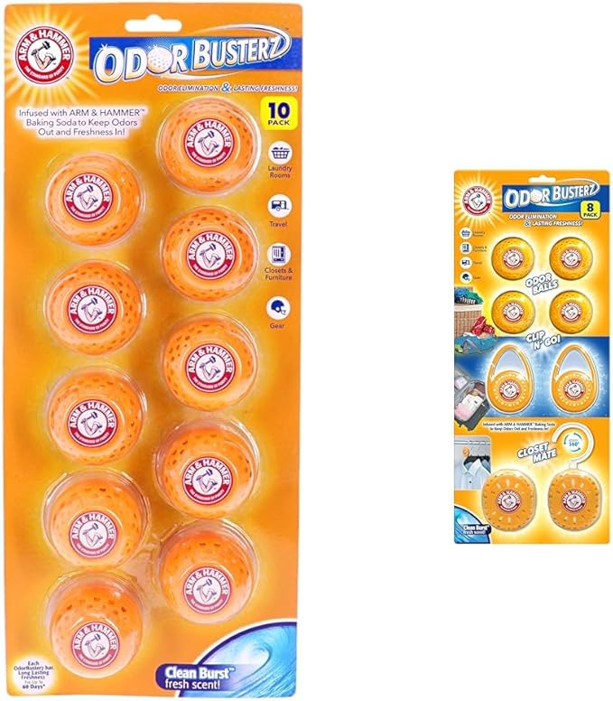 Arm & Hammer 10-Pack Odor Busterz Deodorizing Balls and 8-Count Odor Eliminator Collection with Spheres, Clip N' Go's, and Closet Mates
