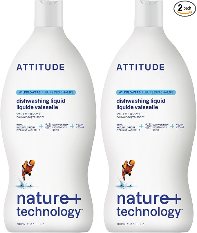 ATTITUDE Dish Soap,EWG Verified,Plant-Based & Vegan Dishwashing Liquid,Naturally Derived,Wildflowers Scent,23.7 Fl Oz,(Pack of 2)