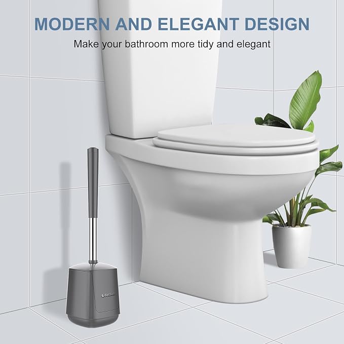 SetSail Toilet Brush and Holder 2 Pack, Self Closing Lid Toilet Bowl Brushes Holder and Extra Long Handle Ventilated Toilet Brush Set for Bathroom Cleaning, Nylon Bristles, Grey