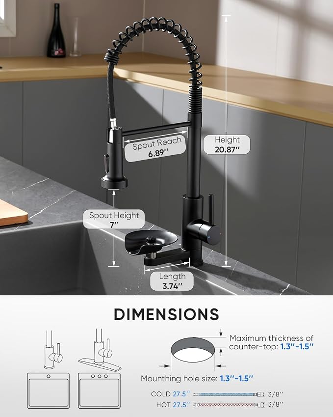 Kitchen Faucet with Cup Washer Pull Down Sprayer Stainless Steel Kitchen Sink Faucet with Deck Plate Glass Rinser Single Hole Black 3307R