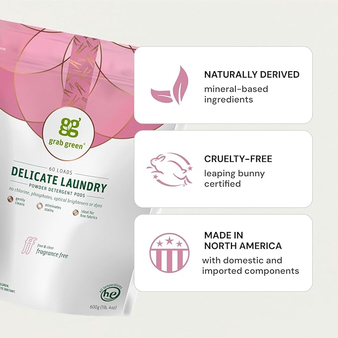 Grab Green Delicate Laundry Detergent Pods, 60 Count, Fragrance Free | Plant & Mineral-Based; For Delicate Loads; Enzyme-Powered; Velcro Closure; Laundry Brightener; Stain Remover