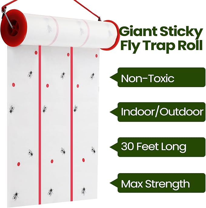 Qualirey Giant Sticky Fly Traps, Fly Strips for Indoor Outdoor Hanging Flying Tapes Non Toxic Ribbon Fruit Gnat Killer for Mosquito Plants House Horse Stable(30 ft,White,10 Pcs)