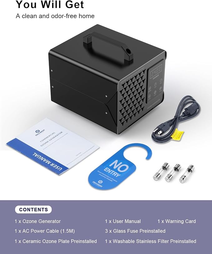 ONAMOR Digital Ozone Generator Odor Eliminator 180,000mg, High Capacity Ozone Machine Odor Removal Up to 8,000 Sq.Ft, Ozone Odor Eliminator, Ionizer Ozonator for Home, Car, Smoke, Pet Room (Black)