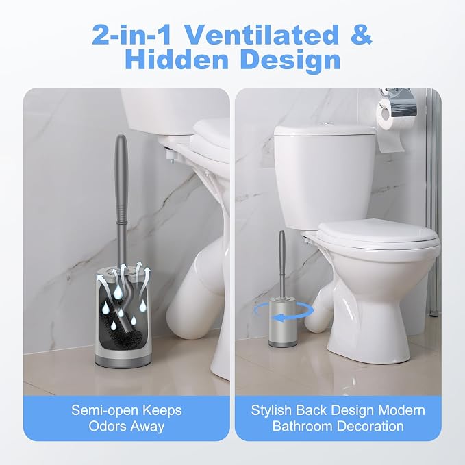 HAMITOR Toilet Bowl Brush Holder Set: Curved Design with Holder for Deep Cleaning Under Rim - Compact Hidden Cleaner Scrubber for Small Space - Home RV Bathroom Accessories - Gray 2 Pack