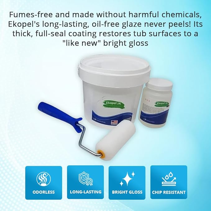 Ekopel 2K Bathtub Refinishing Kit - Pour On Bathtub Paint White Gloss Finish Kit, 1 Coat Odorless Sink and Bath Tub Paint – Long Lasting Never Peel DIY Glaze for Tub, Made in USA – Bright Gloss White