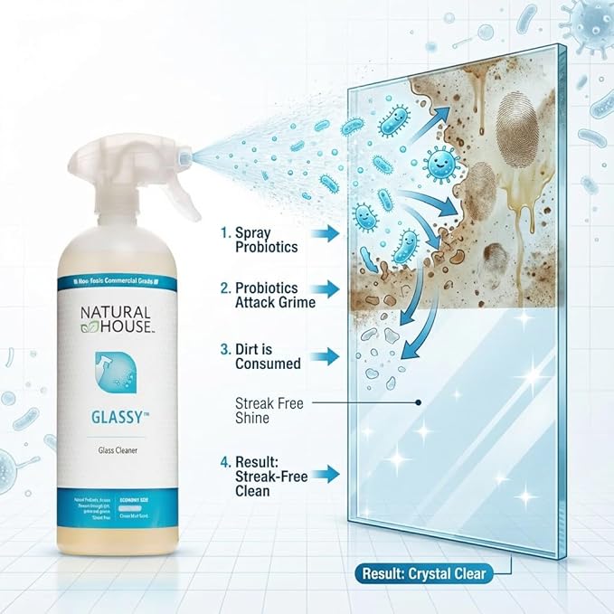 Natural House Glassy - Plant-Based Glass Cleaner Spray Refill - Streak-Free Multi-Surface Formula - Septic-Safe, Plumbing-Friendly - Citrus Mint Scent - 128 oz