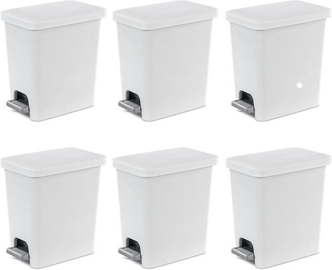 Sterilite 2.7 Gallon Rectangular Step On Kitchen Trash Bin Plastic Indoor Wastebasket with Removable Liner and Bag Holding Feature, White (6 Pack)