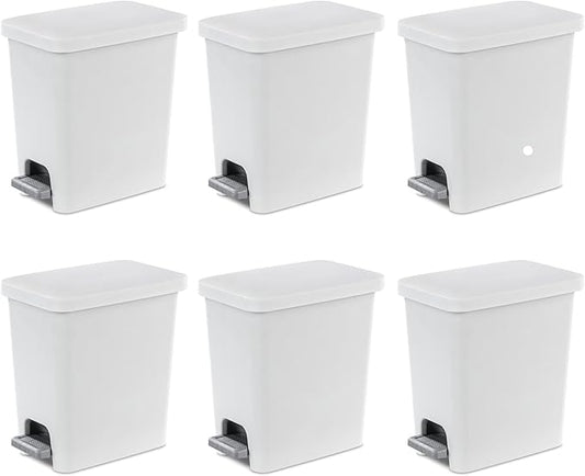 Sterilite 2.7 Gallon Rectangular Step On Kitchen Trash Bin Plastic Indoor Wastebasket with Removable Liner and Bag Holding Feature, White (6 Pack)