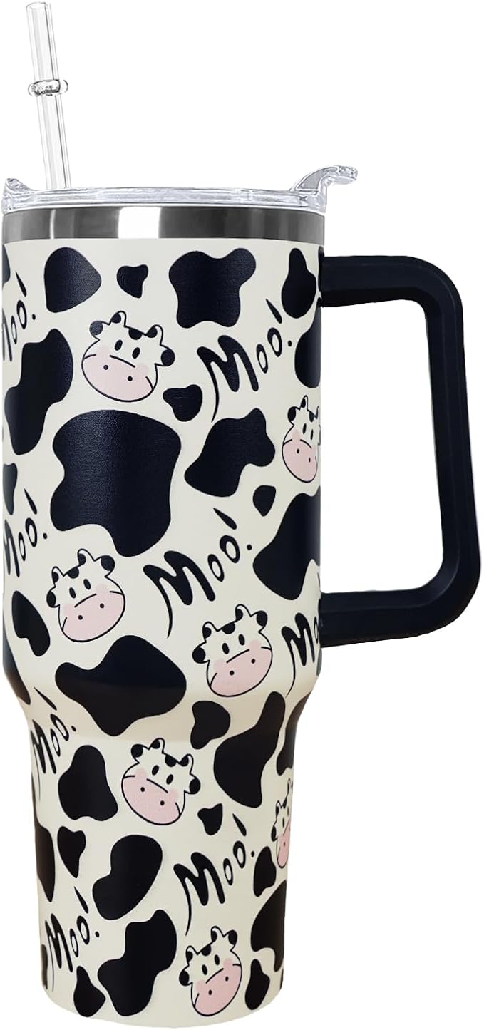 Ceovfoi 40 Oz Cow Tumbler With Handle,Cow Print Coffee Travel Mug Cup Water Bottle,Cow Print Decor,Cow Gifts for Women