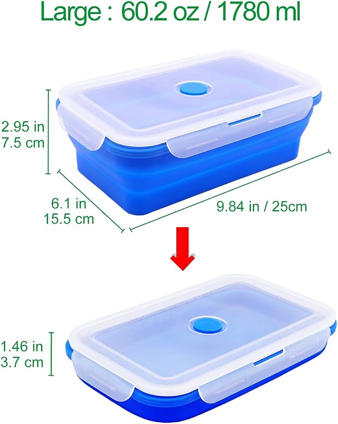 Set of 2 Extra Large Collapsible Silicone Food Storage Containers With Lids, 82.8oz + 60.2oz Meal Prep Bento Lunch Boxes, Microwave,Dishwasher and Freezer Safe For Kitchen, Camping, BPA Free