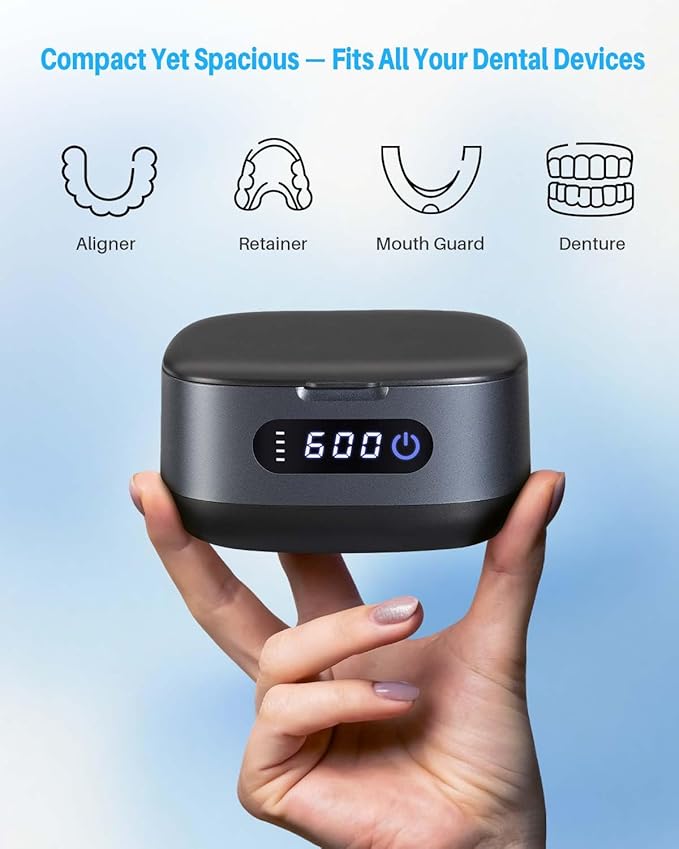 Voraiya Rechargeable Ultrasonic Retainer Cleaner, Portable Retainer Cleaner Machine, 52kHz Retainer Cleaner for Dentures, Night Guards, Mouth Guards, 166ml Dental Cleaning Pod with Mirror, 3 Modes