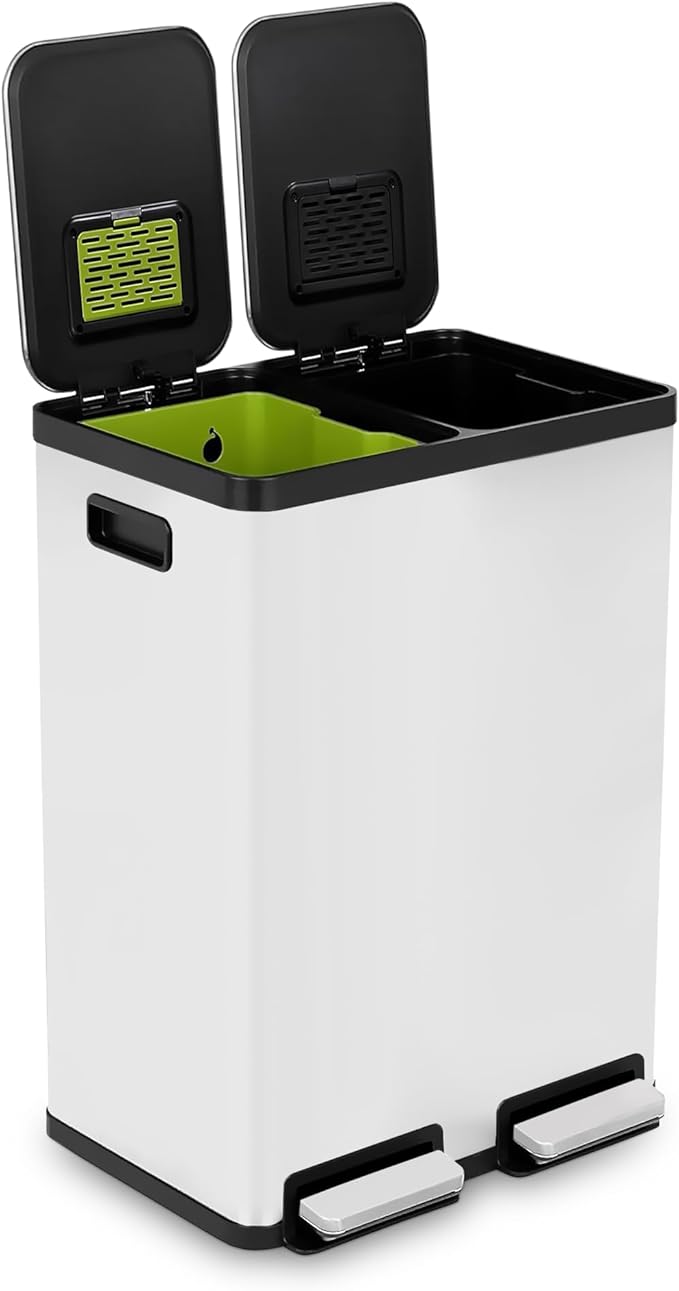 Simpli-Magic 60 Liter / 16 Gallon Rectangular Hands-Free Dual Compartment Recycling Kitchen Step Trash Can with Soft-Close Single Lid, Stainless Steel (30L x 30L Capacity) White