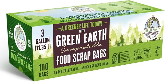 Green Earth Compostable Small Kitchen Food Scrap Trash Bags, Extra Thick 0.71 Mil, Compost Bin Compatible, 3 Gallon, 11.35 Liter, 100-Count, ASTM D6400, BPI (US) & OK Compost Home (EU) Certified