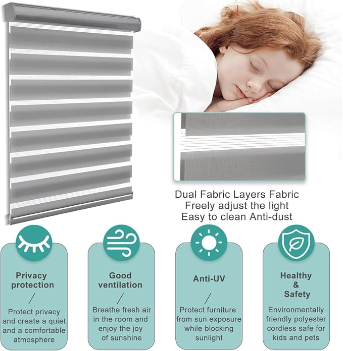 MYshade Cordless Zebra Blinds with Free-Stop Function - Dual Layer Light Filtering & Privacy Sheer Shades for Day and Night - Easy Install Window Shades for Home, Living Room, 43" W x 72" H,Grey