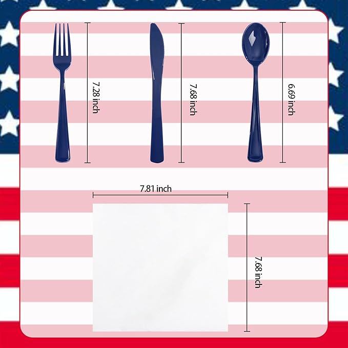 Liacere 100Pack Pre Rolled Blue Silverware and Napkin-Disposable Blue Plastic Utensils-Plastic Cutlery Set with Napkin:100 Forks,100 Knives,100 Spoons,100 Napkins for Wedding&Party&Independence Day