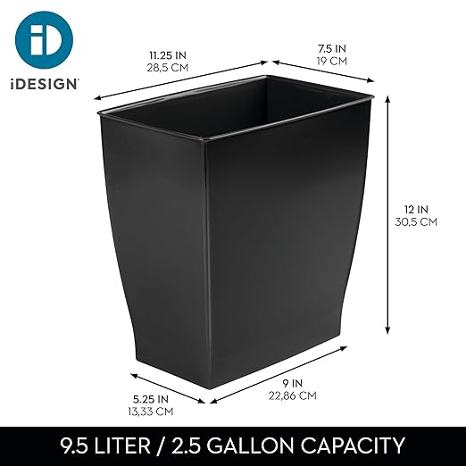 iDesign Small Plastic Bathroom Trash Can, Slim Rectangle Garbage Bin for Bedroom, Office, Dorm, Black