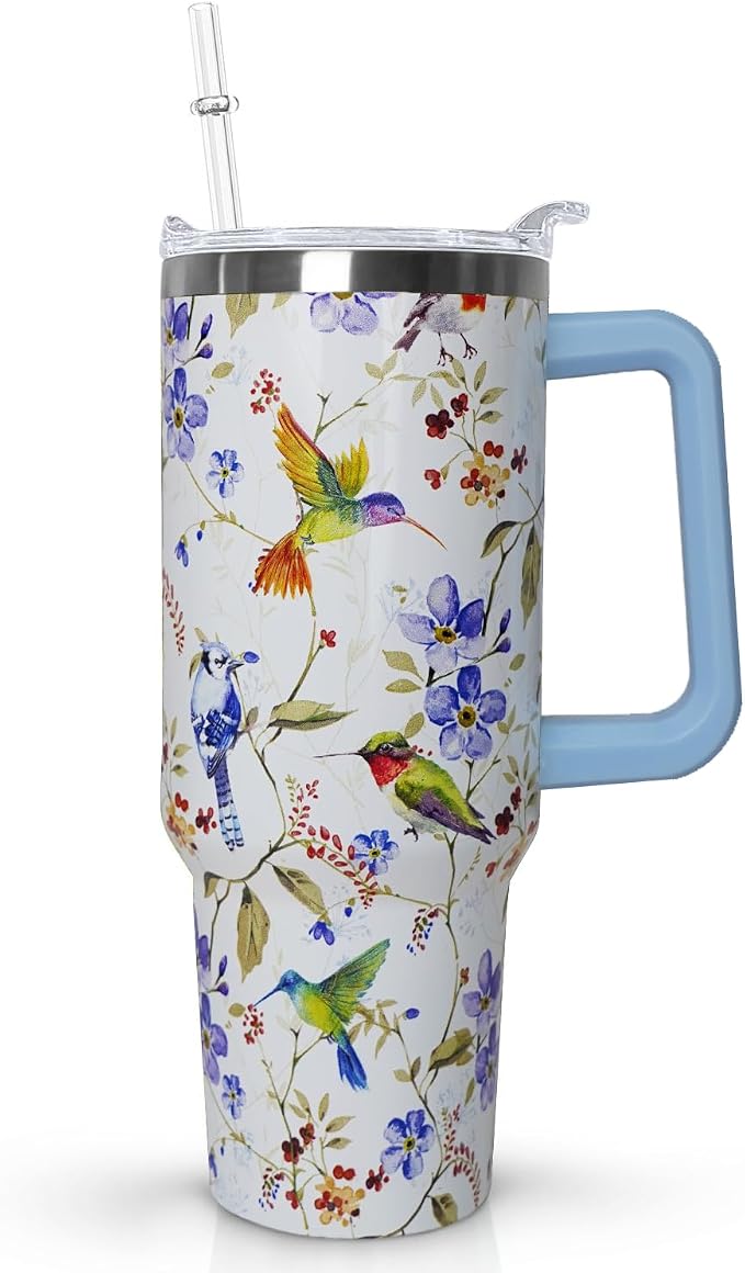 Ceovfoi 40 oz Hummingbird Tumbler with Handle Lid and Straw,Hummingbird Stainless Steel Coffee Tumbler Mug Cup Watter Botter,Bird Gifts for Bird Lovers Women, Hummingbird Stuff/Accessories