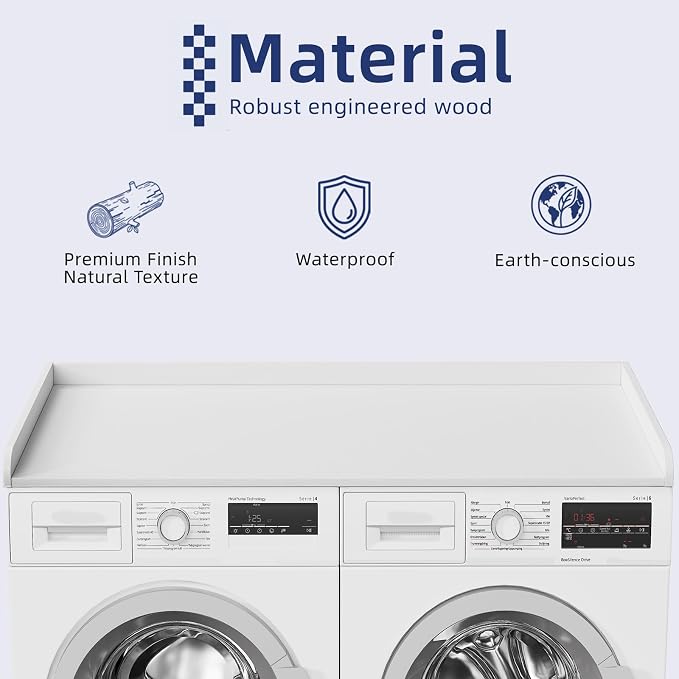 Memobarco Washer Dryer Countertop, 54" Width x 27.5" Depth Laundry Countertop Organization, Wooden Washer and Dryer Topper for Folding, Sorting & Ironing, Easy to Install, White