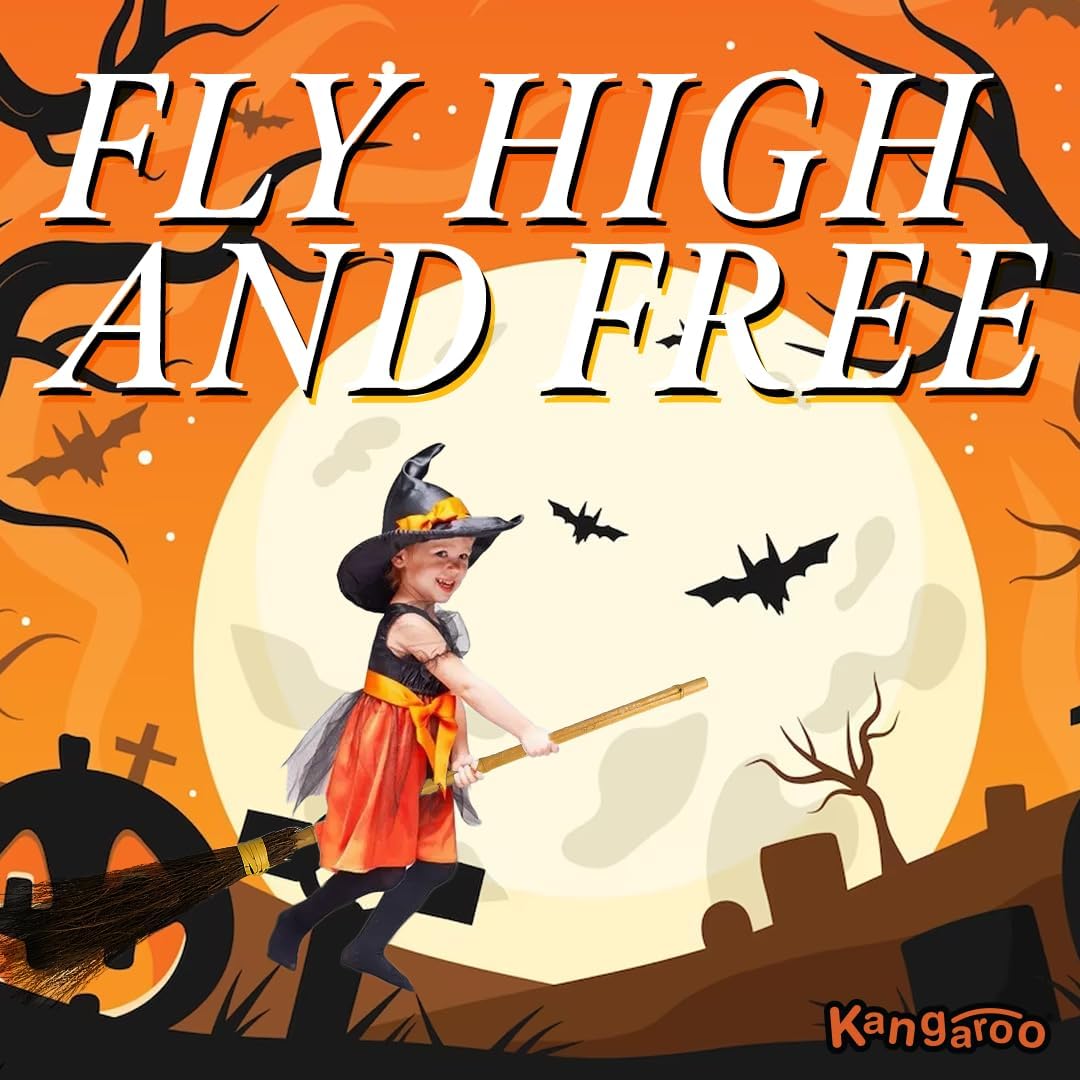 Kangaroo 36" Bamboo Witch Broom Prop - Wizard Staff Witch Broomstick Magic Broom for Kids, Teens & Adults - Halloween Porch Decor Front Outdoor Fall Decoration - Witches Costume Accessory