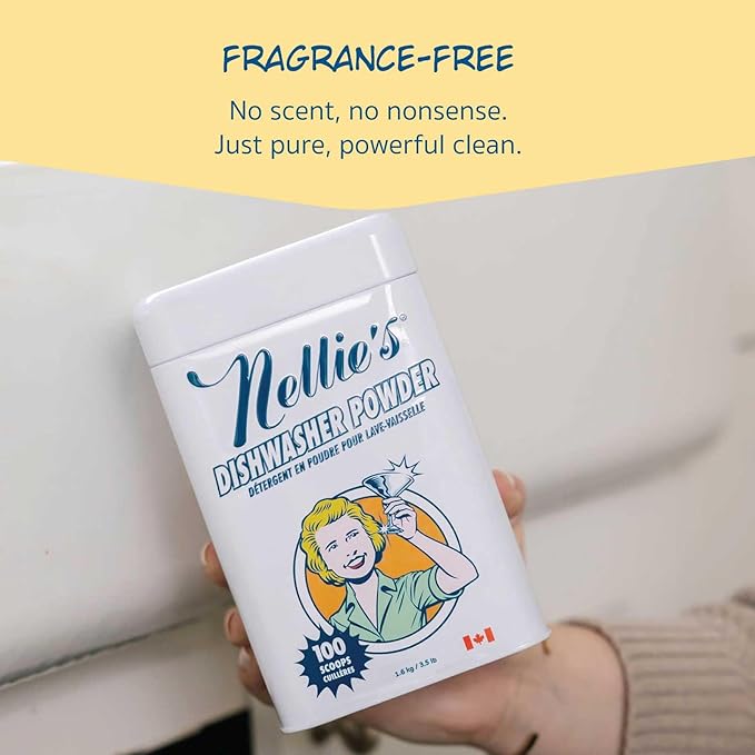 Nellie's Dishwasher Powder - Tough on Food Residue, Plant-Based Ingredients, Spotless Clean, High-Efficiency Dishwashing Solution - 100 Scoop Tin - (Made in Canada) | Plant-Based, Phosphate-Free & Septic-Safe, HE Compatible, Made in Canada