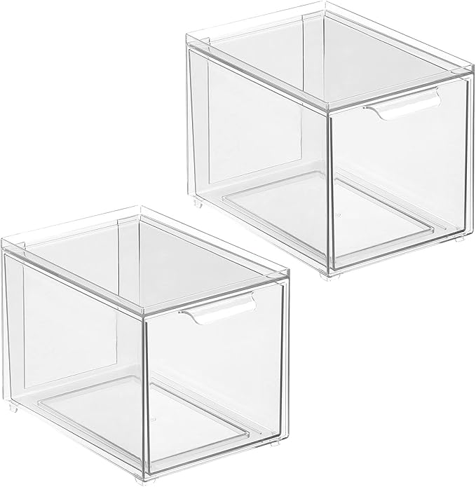 mDesign Kitchen Storage Drawer Box – Plastic Storage Box with Pull-Out Drawer – Pantry, Fridge and Cupboard Storage for Food and Snacks – Pack of 2 – Clear