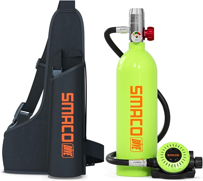 SMACO Mini Scuba Tank 1L Small Diving Tank for Underwater Breathing Portable Lung Air Tank Diving Oxygen Cylinder Kit for Emergency Rescue Boat Cleaning Backup Air Source Pony Bottle S400