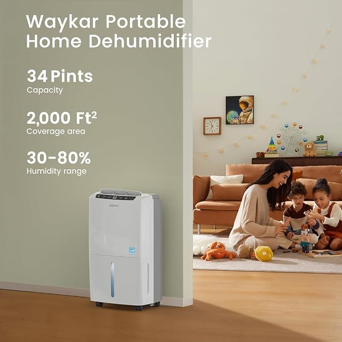 Waykar 2,000 Sq. Ft. 34 Pints 2025 Most Efficient Energy Star Dehumidifier for Basement & Home with Auto or Manual Drainage, 0.62-Gallon Water Tank