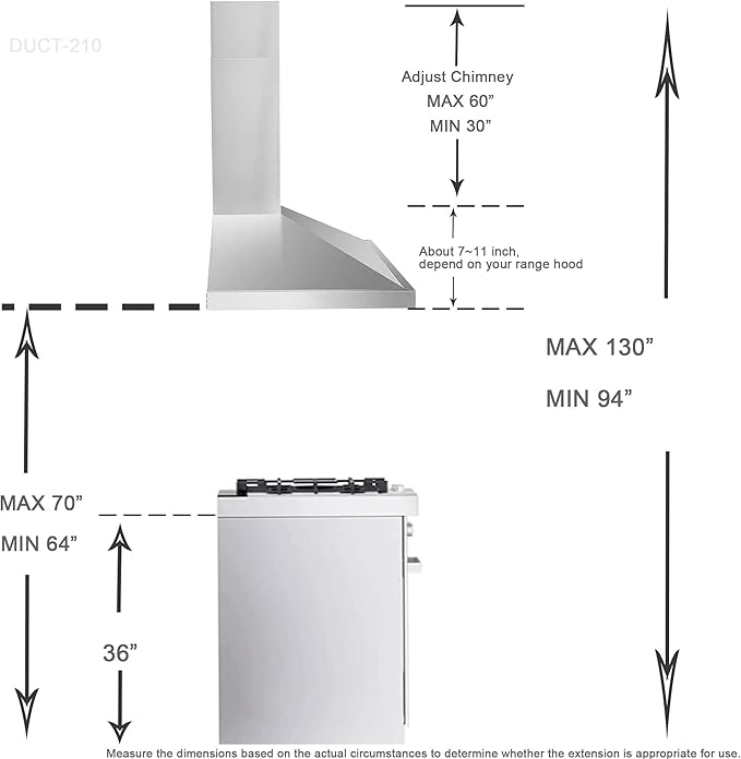 Wall Mount Range Hood Cover Extension Retractable Adjustable Kitchen Fan Chimney Vent Extender Duct Stainless Steel Upper and Lower 8 1/4"(W) x6. 7"(D) x 31 1/2~63"(H)
