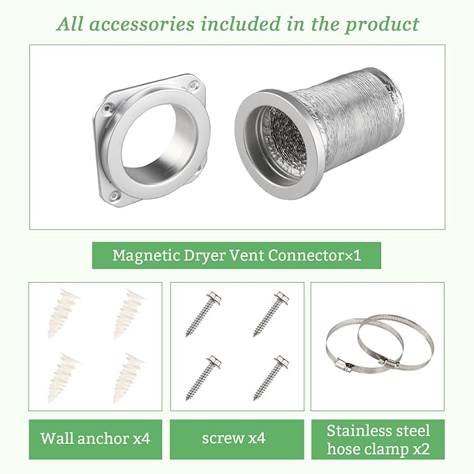 DV180 Magnetic Dryer Vent Connector Kit, 4 Inch Quick Connect Dryer Vent Coupling with 3.3 FT Aluminum Hose, Dryer Vent Hose Connector for Tight Spaces and Easy Cleaning