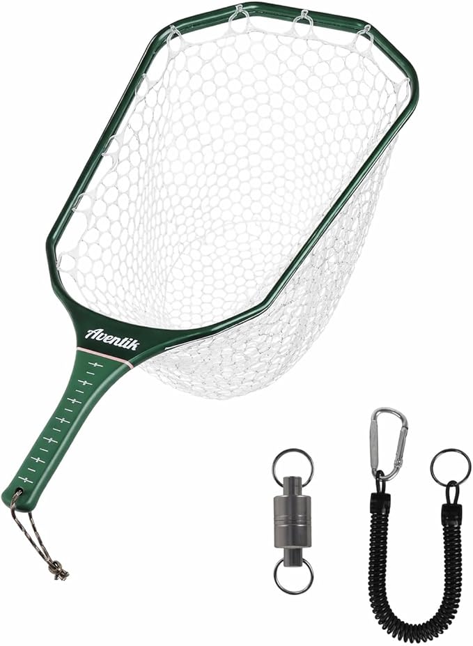 Aventik Floating Fly Fishing Net Carbon Fiber Square Landing Net with Accurate Measuring Handle Clear Rubber Ghost Mesh for Professional Trout Fishing Catch & Release
