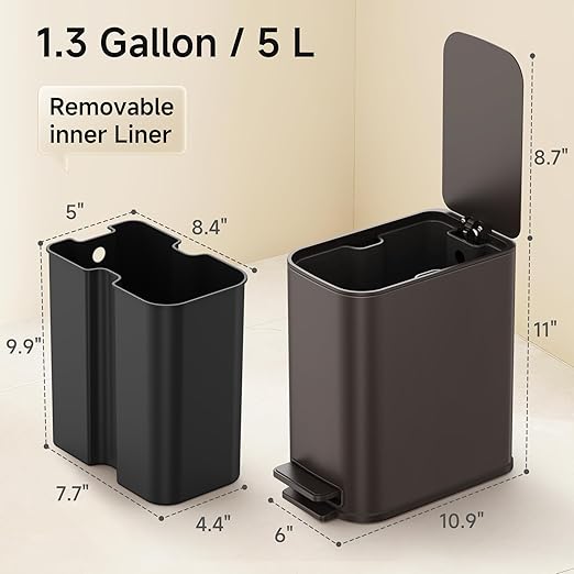 TIPGO Small Bathroom Trash Can with Lid Soft Close, Step Pedal, 1.3 Gallon / 5 Liter Stainless Steel Slim Garbage Can for Office, Diaper Waste Basket with Removable Inner Bucket (Brown)