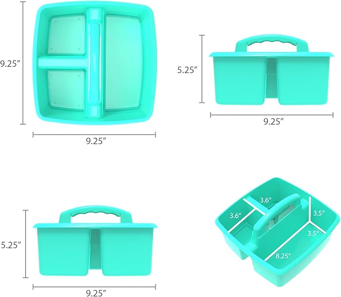 Storex 3-Compartment Small Caddy – Multipurpose Classroom Organizer with Handle, Teal, 6-Pack (00952U06C), 9.25 x 9.25 x 5.25 Inches