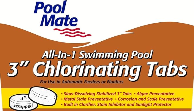 Pool Mate 35-Pounds All-In-1 Swimming Pool 3 Inch Chlorinating Tabs, Chlorine Tablets 3 Inch, Sanitizer, Clarifier, Stain Inhibitor, Algae Control, Descaler, Sunlight Protector all in one, Made in USA