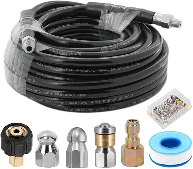 Sewer Jetter Kit for Pressure Washer-100 ft Jetter Hose, Drain Cleaning Hose,1/4 Inch NPT, Corner, Rotating and Button Nose Sewer Jetting Nozzle, 5800 PSI