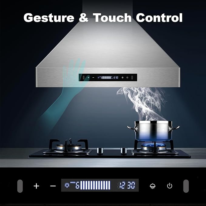 Tieasy 30 inch Range Hood, Wall Mount Kitchen Hood 900 CFM Ducted/Ductless Convertible with Gesture Sensing & Touch Control, Stainless Steel Vent Hood 3 Speed Exhaust Fan, 4 Baffle Filters