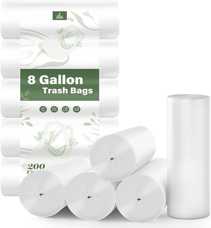Jaoul 8 Gallon Trash Bags Medium, 0.97 Mil Thicken Trash Bags 8 Gallon for 30 Liter Trash Can for KitchenvHome Office Car, White, 200PCS