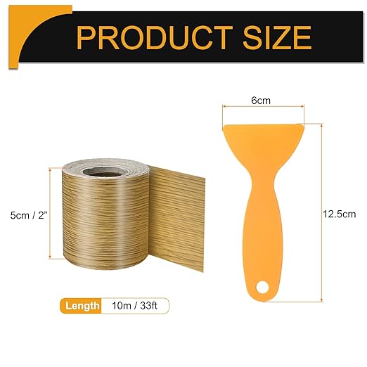 HARFINGTON Wood Grain Repair Tape 2 Inch x 33ft Self Adhesive Repair Patch Tape Simulated Wooden Floor Tapes with Plastic Scraper for Tables Doors Windows Furniture, Yellow Teak