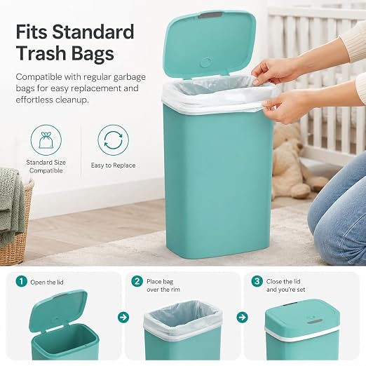 15L Smart Diaper Pail with Motion Sensor Lid | Touchless Hands-Free Baby Diaper Trash Can | Double Locking Seal | Slim Space-Saving Design | Quiet & Durable (Turquoise)