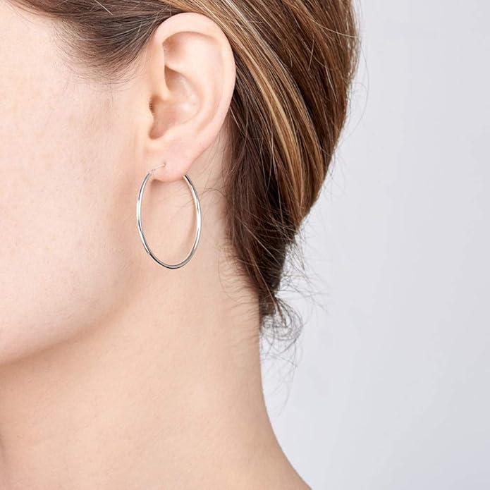 Amberta® 925 Sterling Silver Fine Circle Endless Hoops - Polished Round Sleeper Earrings Diameter Size: 20 30 40 60 75 mm