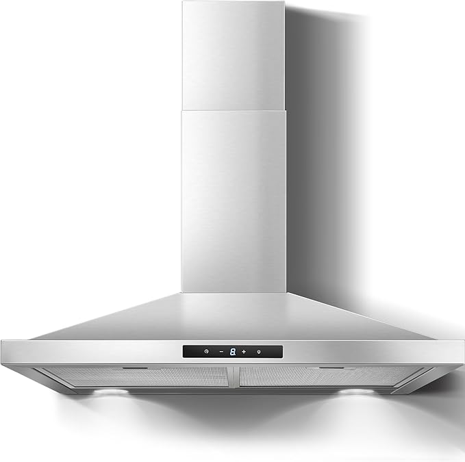 Range Hood 30 inch Stainless Steel, Wall Mount kitchen Hood Ducted/Ductless Convertible, Vent Hood w/ 3 Speeds, Touch Control, 5-Layer Mesh Filters, Energy-Saving LED Lights
