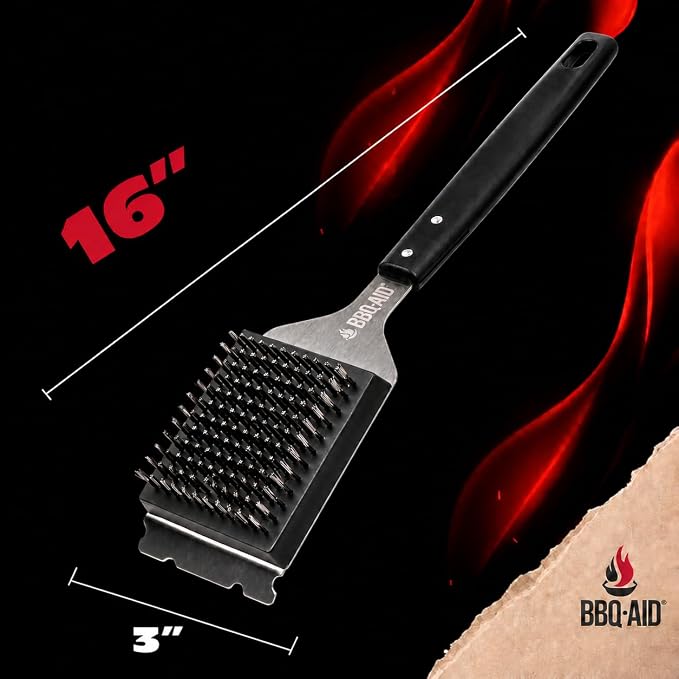 Wire Brush & Scraper for BBQ Grill Cleaning with Replaceable Head - Black | Heavy-duty stainless steel with a long acacia wood handle for better grip and a convenient replaceable head.